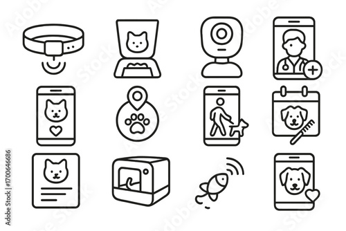 Line Style Pet Icons. Line style icons of modern pets: GPS pet collar, automatic feeder, pet camera, online vet icon; digital