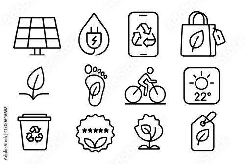 Sustainable Lifestyle Icons. Line style icons of modern sustainability: solar panel grid, electric charging icon, recycling app,