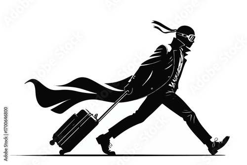 Silhouette of a person in a trench coat and goggles pulling a suitcase with a flowing cape woman traveler