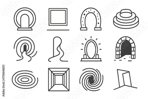 Abstract Portal Icons. Line style icons of abstract portals: ringed doorway, window frame in air, star gate arc, layered step pad;