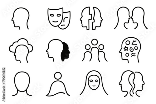 Abstract Identity Icons. Line style icons of abstract identity: face lines without detail, overlapping mask shapes, fragmented