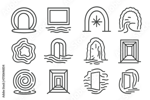 Abstract Portal Icons. Line style icons of abstract portals: ringed doorway, window frame in air, star gate arc, layered step pad;