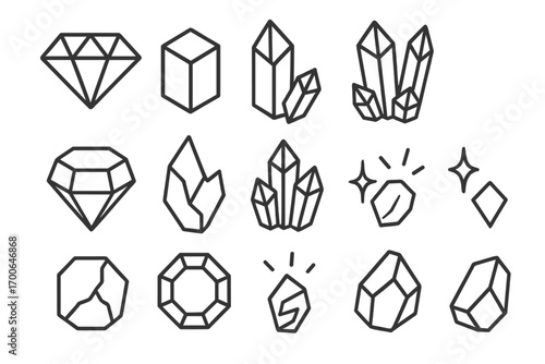 Geometric Crystal Icons. Line style icons of geometric crystals: diamond outline, hexagonal prism, pointed cluster, cubic gem;