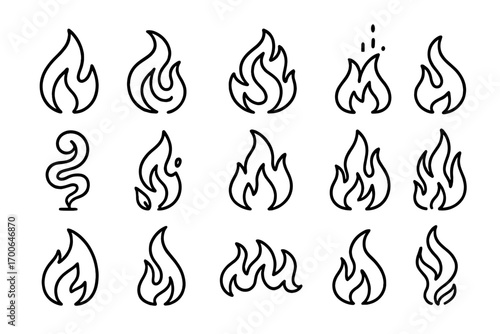 Fireform Icons. Line style icons of organic fire forms: licking flame, swirling fire, layered heat, rising sparks; smoke curl,