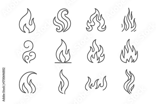 Fireform Icons. Line style icons of organic fire forms: licking flame, swirling fire, layered heat, rising sparks; smoke curl,