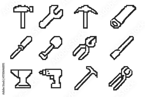 Pixel Tool Icons. Line style icons of pixel tools: pixel hammer, pixel wrench, pixel pickaxe, pixel saw; pixel screwdriver, pixel