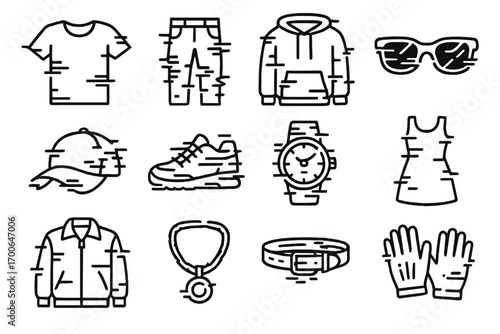 Glitch Fashion Line Icons. Line style icons of glitch fashion: pixel shirt, glitched pants, duplicated hoodie, distorted
