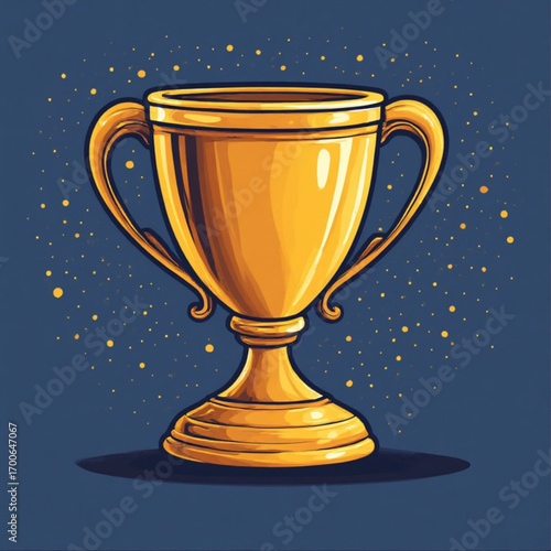 A golden trophy cup illustration with a dark blue background and scattered golden dots.