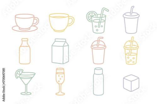 Pastel Drink Icons. Line style icons of pastel drinks: pastel teacup, pastel coffee cup, pastel lemonade, pastel soda; pastel