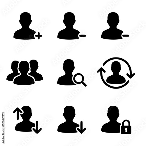 User and group management black silhouette icon set
