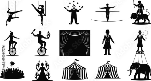 Vintage circus performance silhouettes including trapeze artists, jugglers, tightrope walkers, animal tamers, fire eaters, unicyclists, circus tents, and crowd scene.