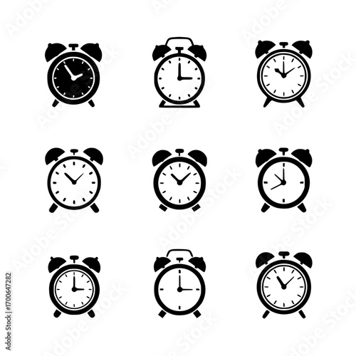 Set of black alarm clock icons