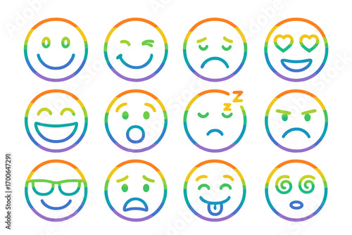 Rainbow Emoji Icons. Line style icons of rainbow emojis: rainbow smiley face, rainbow winking face, rainbow sad face, rainbow