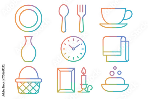 Rainbow Household Icons. Line style icons of rainbow household: rainbow plate, rainbow spoon, rainbow fork, rainbow teacup;