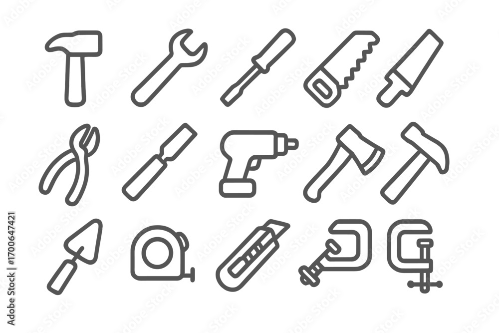 Opaque Tool Icons. Line style icons of opaque tools: opaque hammer, opaque wrench, opaque screwdriver, opaque saw; opaque pliers, Opaque Tool Icons. Line style icons of opaque tools: opaque hammer, opaque wrench, opaque screwdriver, opaque saw; opaque pliers,