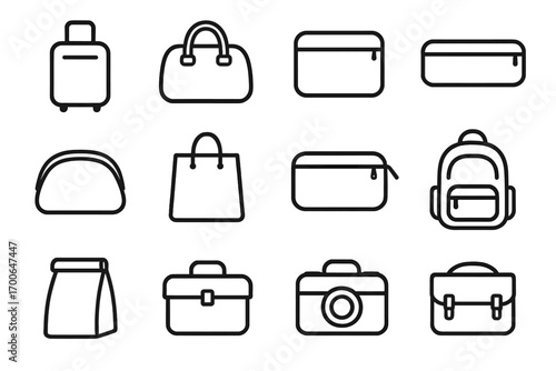 Opaque Bags Icons. Line style icons of opaque bags and cases: opaque suitcase, opaque duffel bag, opaque laptop case, opaque
