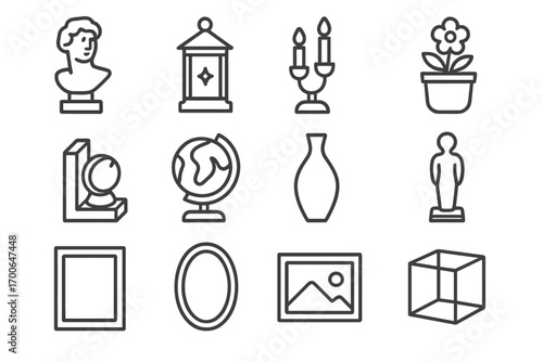 Opaque Decor Icons. Line style icons of opaque decor: opaque statue, opaque lantern, opaque candle holder, opaque flower pot;