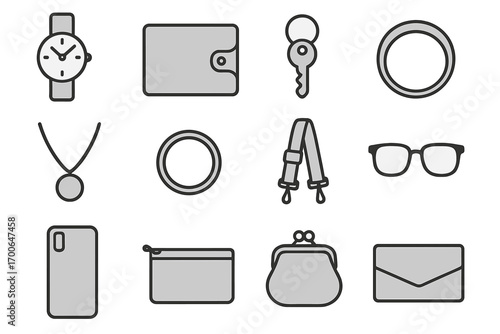 Matte Accessories Icons. Line style icons of matte accessories: matte watch, matte wallet, matte keychain, matte bracelet; matte