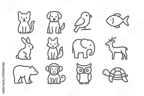 Matte Animal Icons. Line style icons of matte animals: matte cat, matte dog, matte bird, matte fish; matte rabbit, matte fox,
