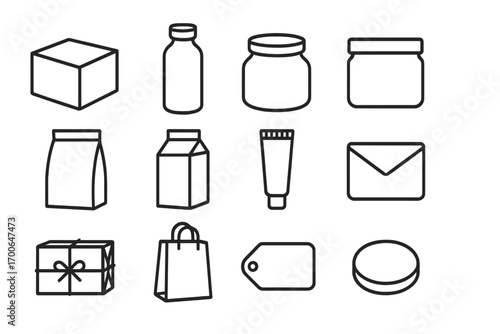 Matte Packaging Icons. Line style icons of matte packaging: matte box, matte bottle, matte jar, matte canister; matte pouch, matte
