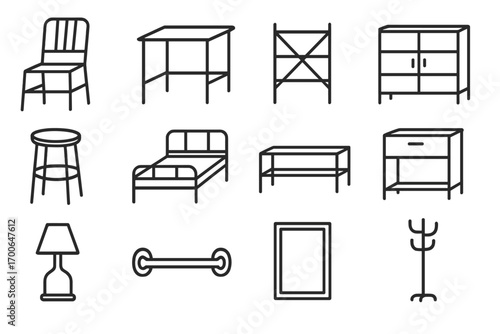 Metallic Furniture Icons. Line style icons of metallic furniture: metallic chair, metallic table, metallic shelf, metallic cabinet