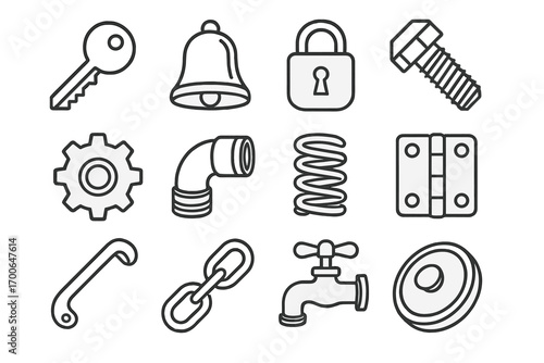Metallic Objects Icons. Line style icons of metallic objects: metallic key, metallic bell, metallic lock, metallic bolt; metallic