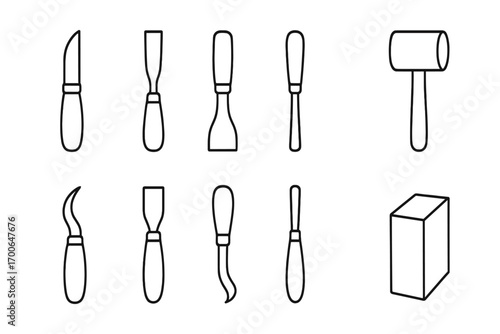 Wooden Carving Tools Icons. Line style icons of wooden carving tools: wooden carving knife, wooden gouge, wooden V-tool, wooden