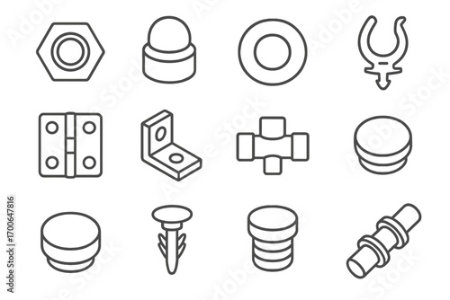 Plastic Parts Icons. Line style icons of plastic parts and fittings: plastic nut, plastic bolt cap, plastic washer, plastic clip;