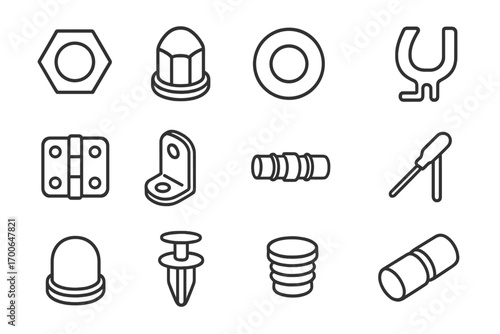 Plastic Parts Icons. Line style icons of plastic parts and fittings: plastic nut, plastic bolt cap, plastic washer, plastic clip;