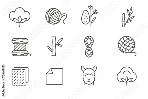 Natural Fabric Icons. Line style icons of natural fabrics: cotton fiber, wool thread, silk cocoon, linen stalk; hemp twine, bamboo