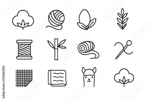 Natural Fabric Icons. Line style icons of natural fabrics: cotton fiber, wool thread, silk cocoon, linen stalk; hemp twine, bamboo