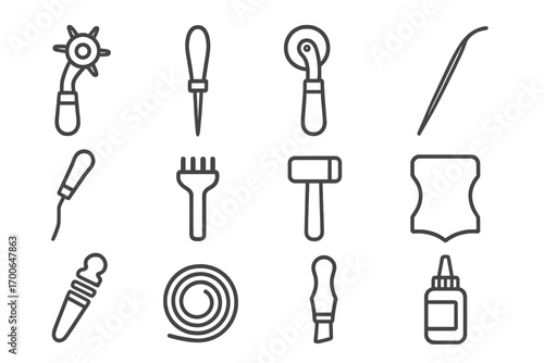 Leather Crafting Tools Icons. Line style icons of leather crafting tools: leather punch, leather awl, leather cutter, leather