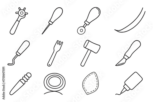 Leather Crafting Tools Icons. Line style icons of leather crafting tools: leather punch, leather awl, leather cutter, leather