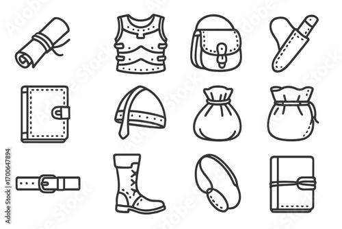 Leather Icon Collection. Line style icons of leather historical items: leather scroll wrap, leather armor, leather satchel,