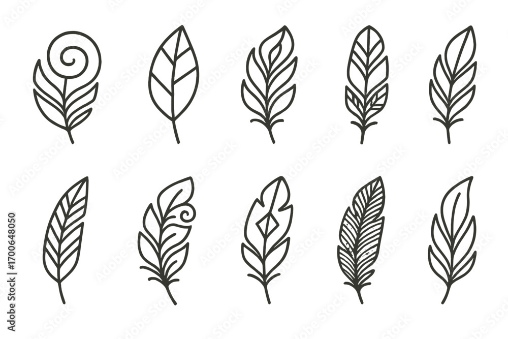 Fototapeta premium Stylized Feather Icons. Line style icons of stylized feathers: spiral feather, geometric feather, abstract feather, symmetrical