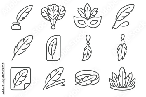 Feather Accessories Icons. Line style icons of feather accessories: feather pen, feather fan, feather mask, feather hairpin;