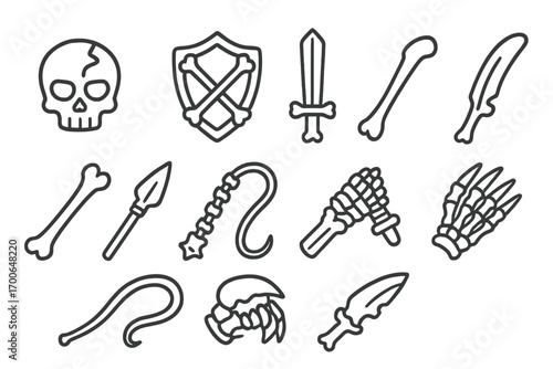 Bone Arsenal Icons. Line style icons of bones in combat: skull with crack, shield made of bones, bone sword, throwing rib; bone
