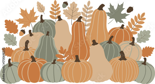 Autumn harvest bounty collection of pumpkins and fall leaves festive seasonal design vector