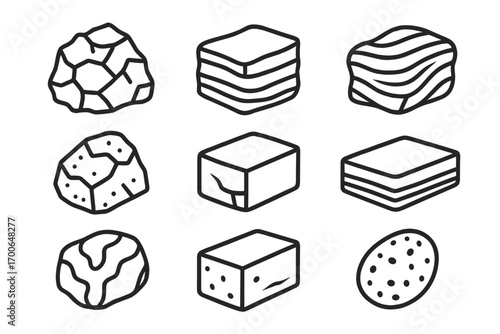 Line Style Rock Icons. Line style icons of basic rock types: igneous rock, sedimentary rock, metamorphic rock, volcanic rock;