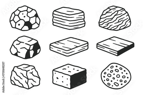Line Style Rock Icons. Line style icons of basic rock types: igneous rock, sedimentary rock, metamorphic rock, volcanic rock;