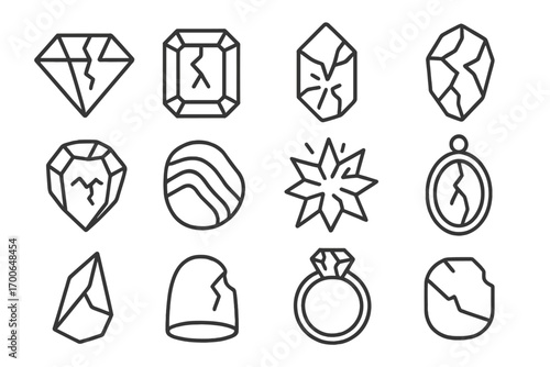Broken Gem Icons. Line style icons of cracked or broken gems: fractured ruby, chipped emerald, cracked quartz, split amethyst; gem