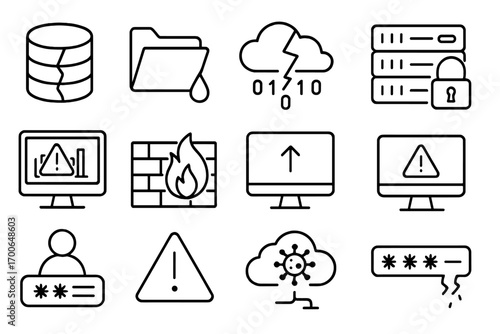 Data Breach Icons. Line style icons of data breaches: broken database, leaking folder, cloud data breach, hacked server; alert on