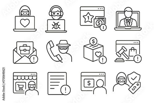 Online Fraud Icons. Line style icons of online fraud schemes: romance scam, tech support fraud, fake lottery win, investment fraud
