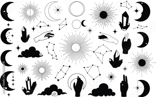 Mystical celestial elements cosmic stars sun moon hands crystals clouds set graphics vector