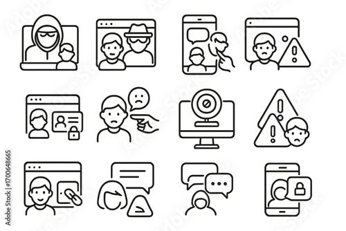 Cybercrime Line Style Icons. Line style icons of cybercrime against children: online predator, fake profile, grooming chat,