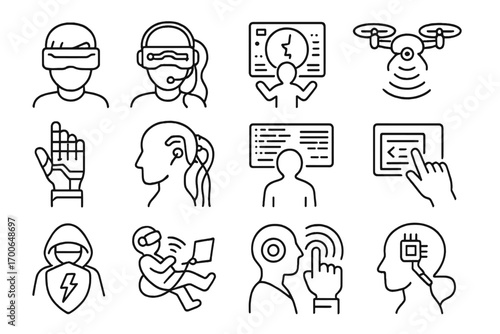 Futuristic Hacking Icons. Line style icons of hacking in fiction: futuristic hacker visor, VR hacker gear, holographic interface