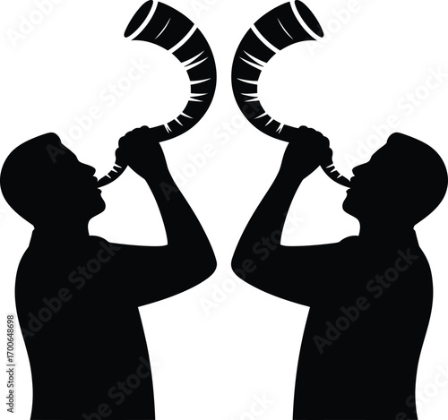Two silhouetted figures blowing into large curved horns in a symmetrical artistic representation
