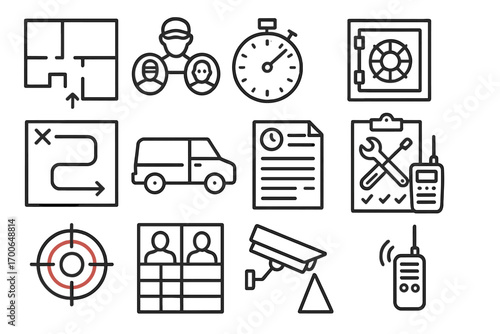Heist Planning Icons. Line style icons of heist planning: floor plan layout, crew roles board, countdown timer, vault map; escape