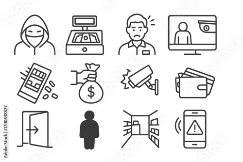 Convenience Store Heist Icons. Line style icons of convenience store robbery: thief with hood, open register, clerk under pressure
