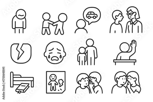Childhood Confession Icons. Line style icons of child confessions: child with lowered head, hand tugging adult, speech bubble with